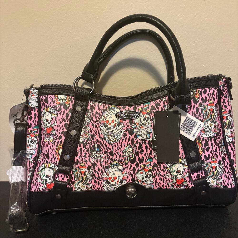 Ed Hardy Pink Leopard Tattoo Satchel NWT